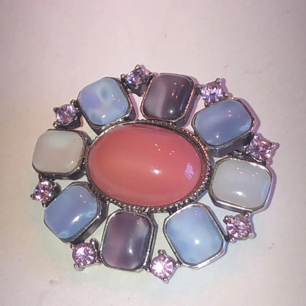 Liz Claiborne Silver Tone Colorful CZ Rhinestone Classic Oval Brooch Pin
